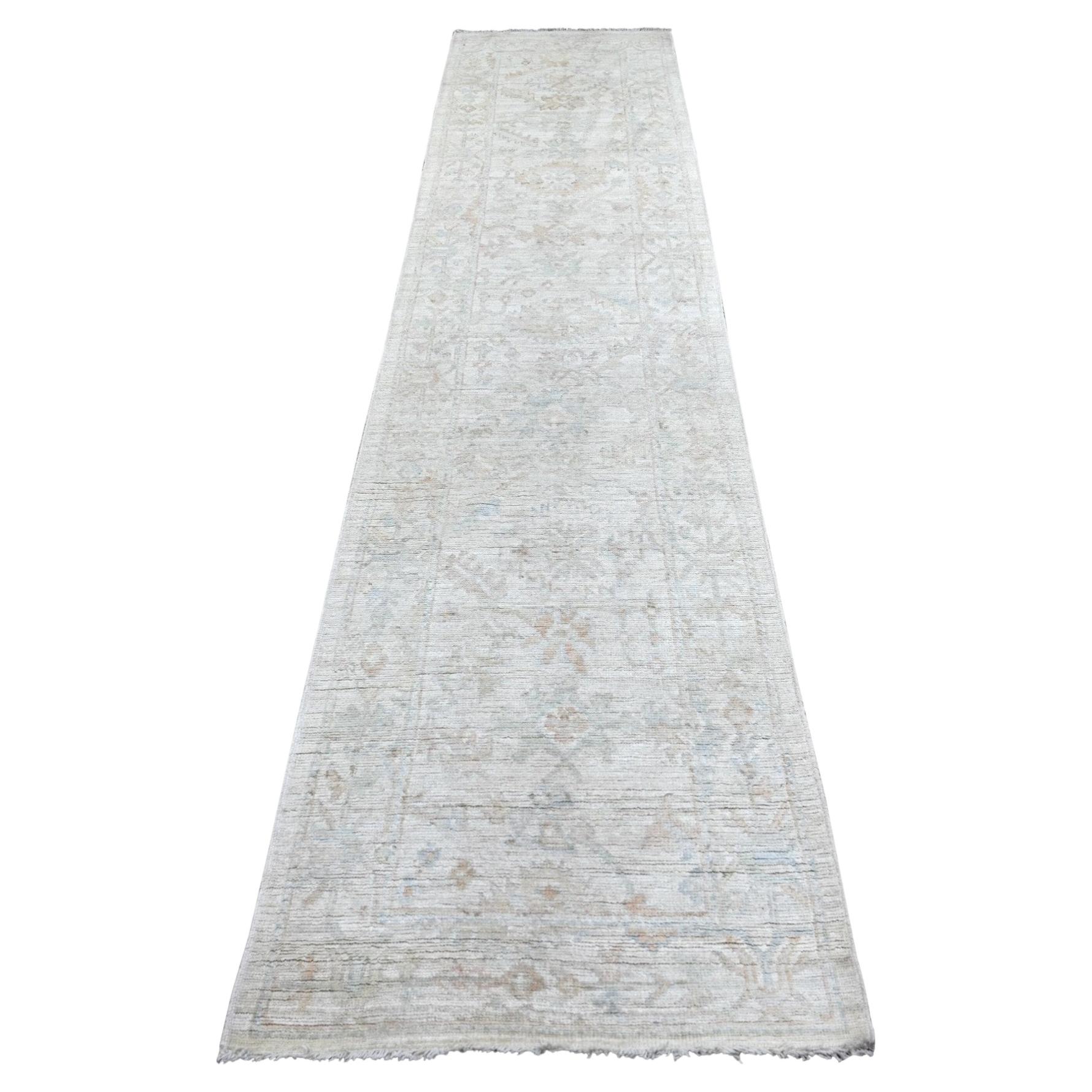 2'6"x11'3" Ivory Afghan Angora Oushak Leaf Design Hand Knotted Wool Runner Rug