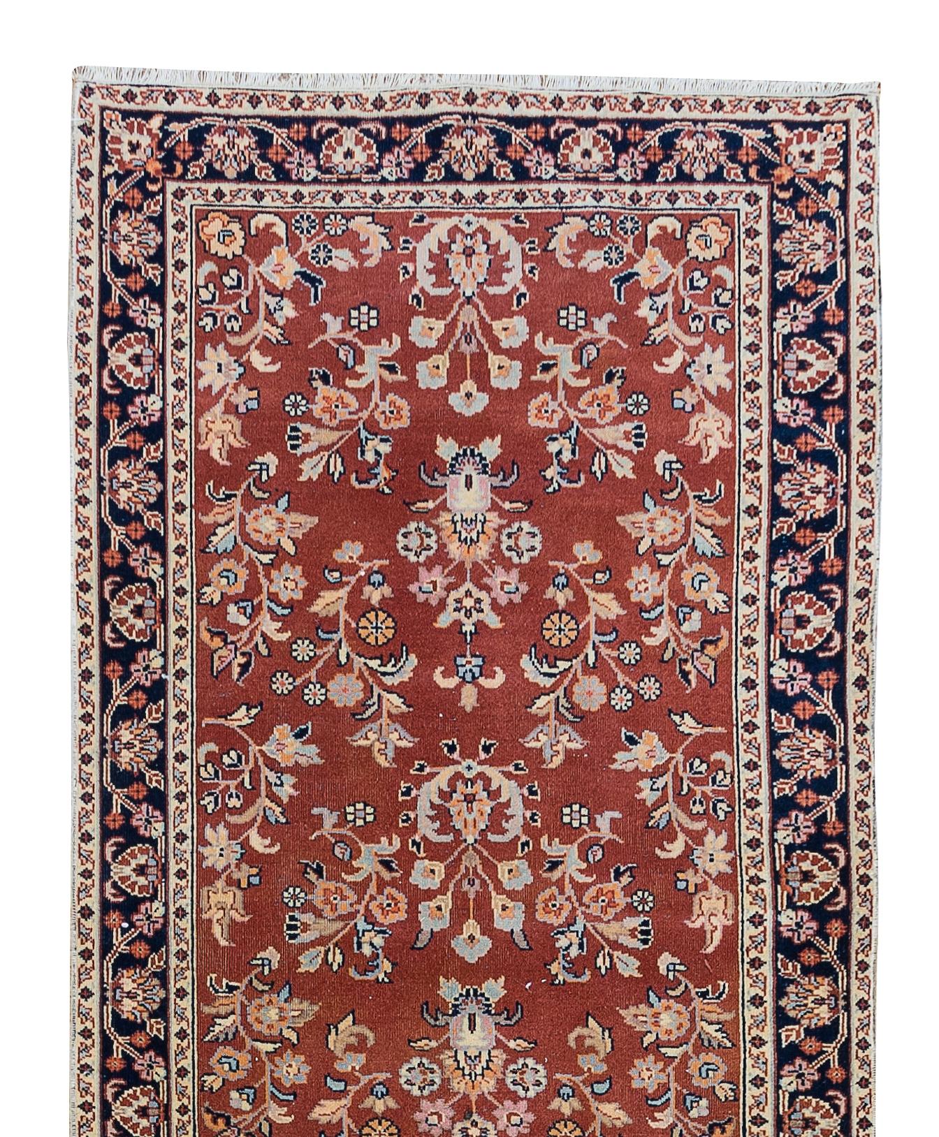 Hand-Knotted 2.6x11.4 Ft Turkish Vintage Hand Knotted Hallway Runner Rug with Floral Motif For Sale