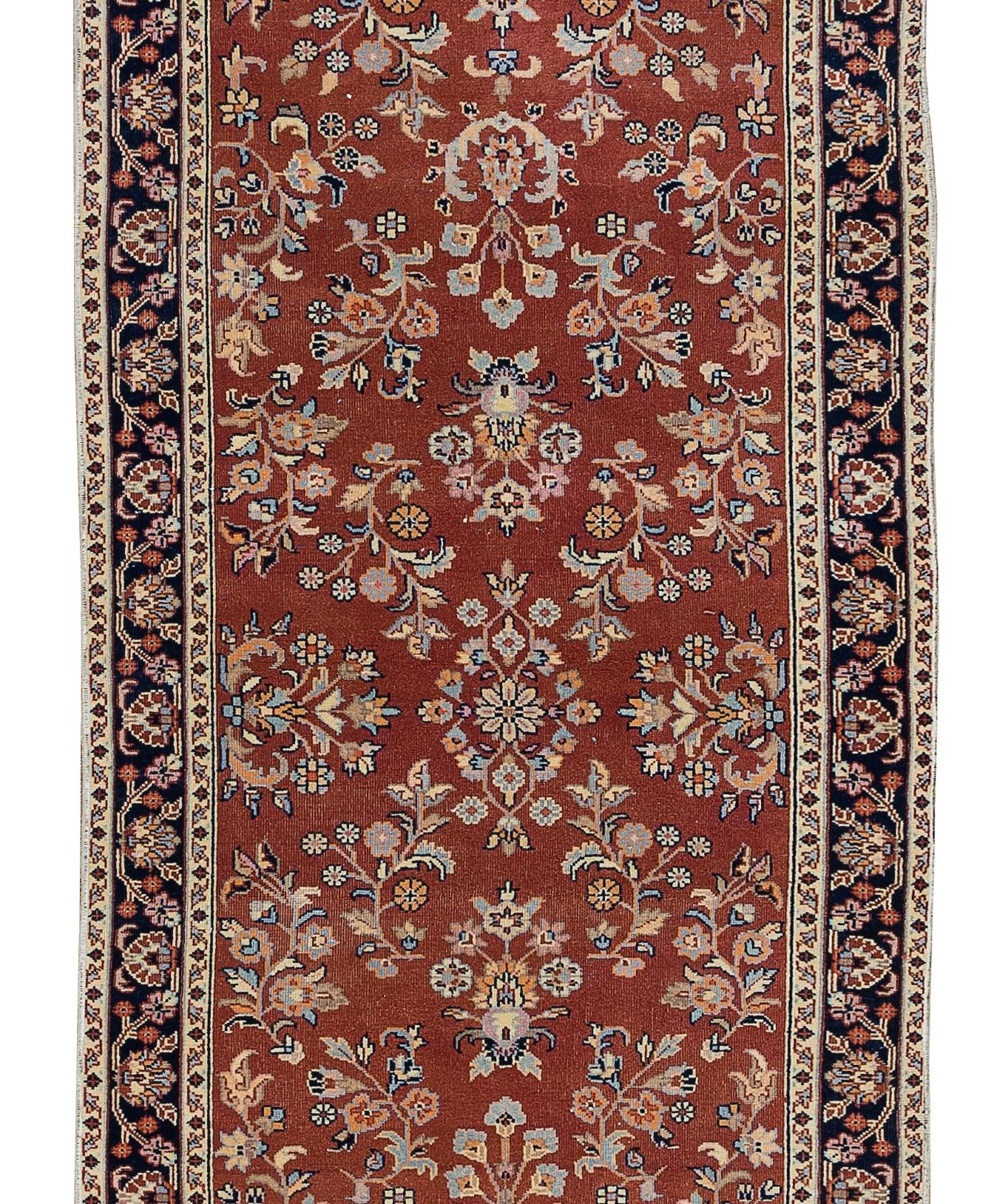 2.6x11.4 Ft Turkish Vintage Hand Knotted Hallway Runner Rug with Floral Motif In Good Condition For Sale In Philadelphia, PA