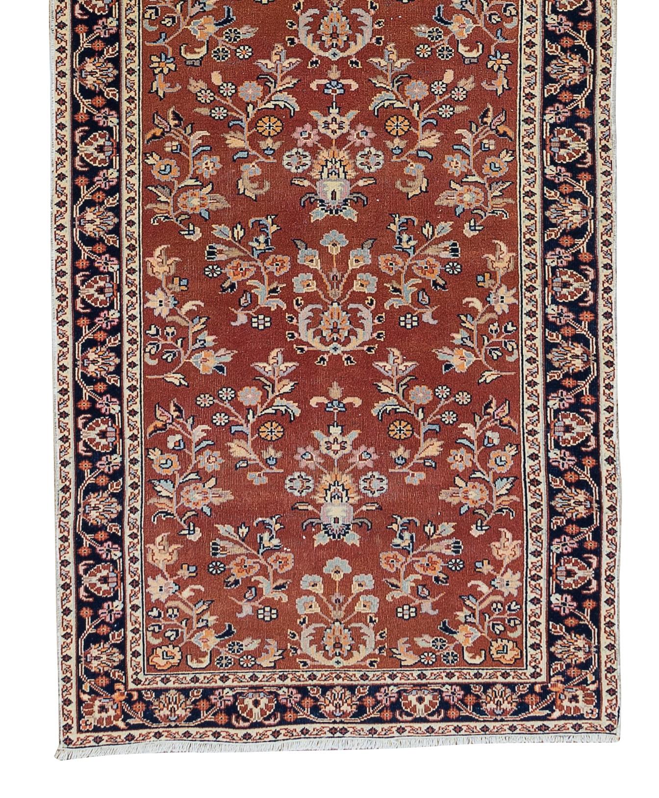 20th Century 2.6x11.4 Ft Turkish Vintage Hand Knotted Hallway Runner Rug with Floral Motif For Sale
