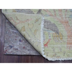 2'6"x11'4" Green Afghan Peshawar Birds Design Hand Knotted Soft Wool Runner Rug