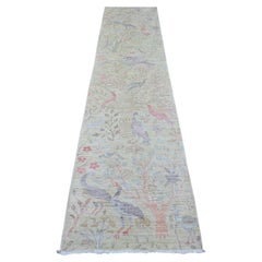 2'6 "x11'4" Tapis de course en laine douce nouée à la main, vert Afghan Peshawar Birds Design
