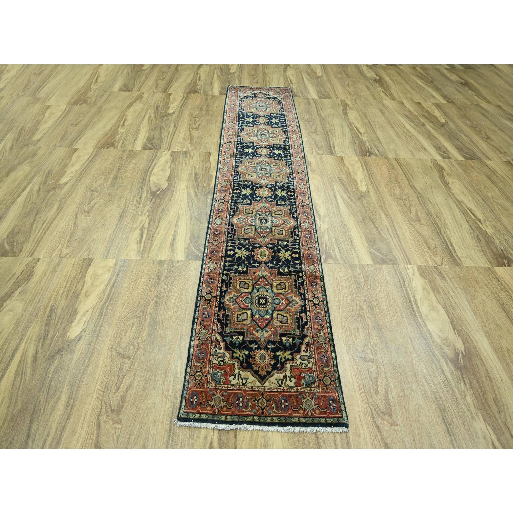Navy Blue, Heriz with Geometric Medallions Design, Natural Dyes, Hand Knotted, Soft Pile, Hand Spun New Zealand Wool, Runner, Oriental Rug
Primary materials: Wool
Latex: No Pile 
height: 0.25 Inches
Style: Traditional
Primary color: Blue
Secondary