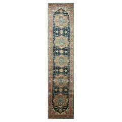 2'6"x11'5" Navy Blue Heriz with Geometric Design Hand Knotted All Wool Runner Ru