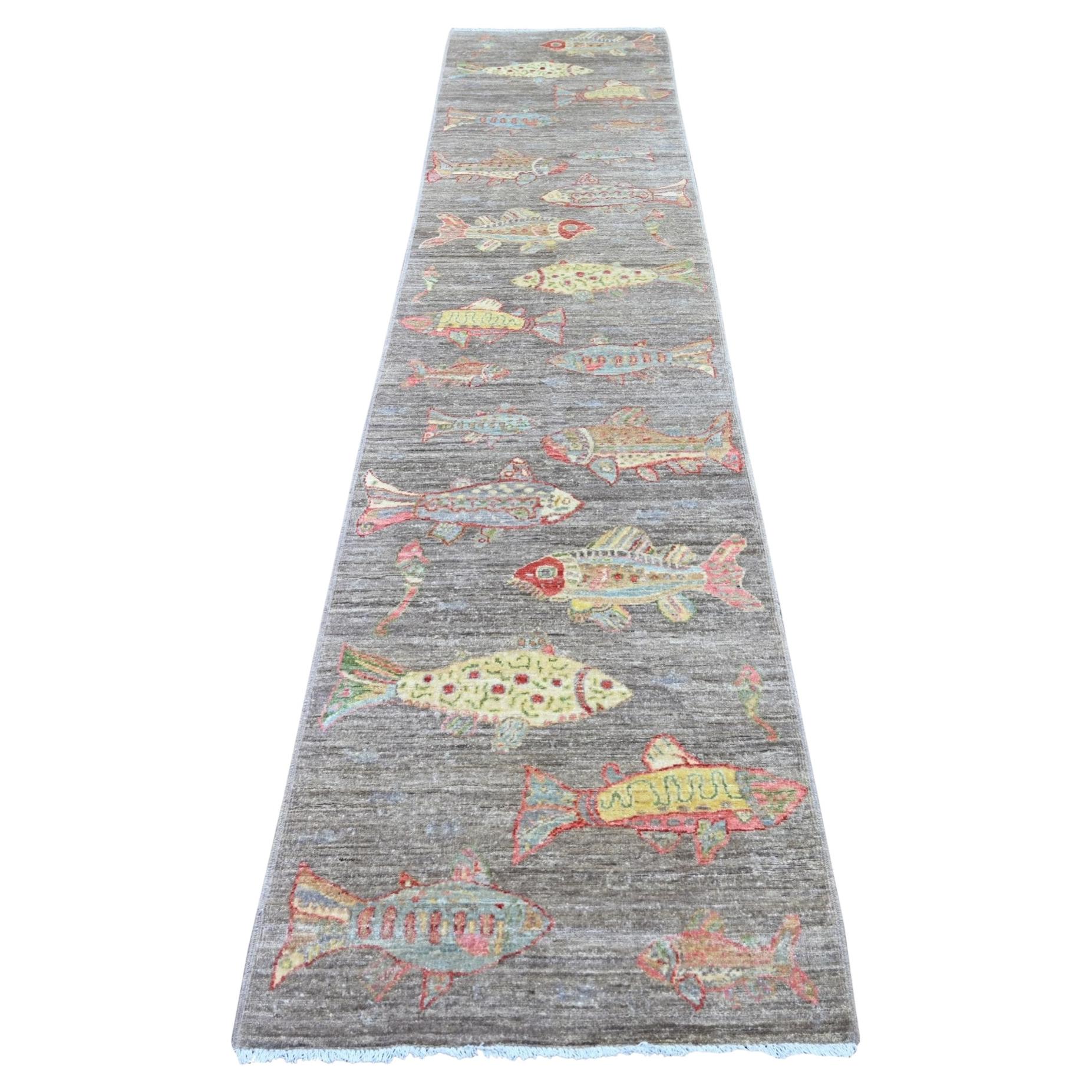 2'6"x11'6" Brown Afghan Peshawar Fish Design Hand Knotted Pure Wool Runner Rug For Sale