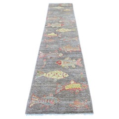 2'6"x11'6" Brown Afghan Peshawar Fish Design Hand Knotted Pure Wool Runner Rug