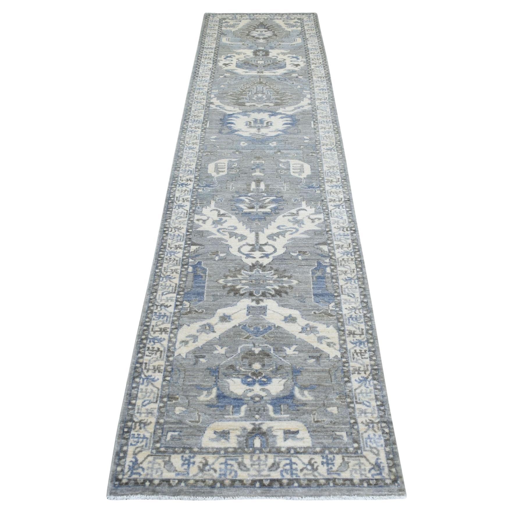 2'6"x11'6" Extra weicher handgeknüpfter grauer afghanischer Peshawar-Läufer aus Wolle