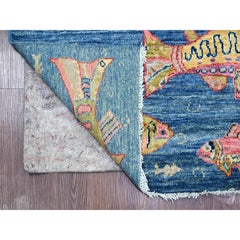 2'6 "x11'7" Blue Afghan Peshawar Oceanic Fish Design Wool Hand Knotted Runner Rugs (Tappeto da corsa in lana annodata a mano)