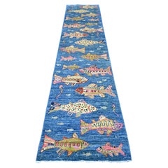 2'6 "x11'7" Blue Afghan Peshawar Oceanic Fish Design Wool Hand Knotted Runner Rugs (Tappeto da corsa in lana annodata a mano)