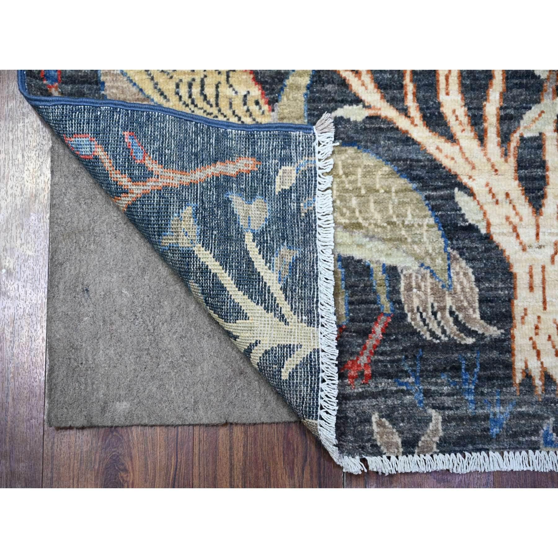 Millennium Blue, Pure Wool, Afghan Peshawar with Birds of Paradise, Hand Knotted, Vegetable Dyes, Runner, Oriental Rug
Primary materials: Wool
Latex: No Pile 
height: 0.25 Inches
Style: Transitional
Primary color: Blue
Secondary colors: Green, Blue,