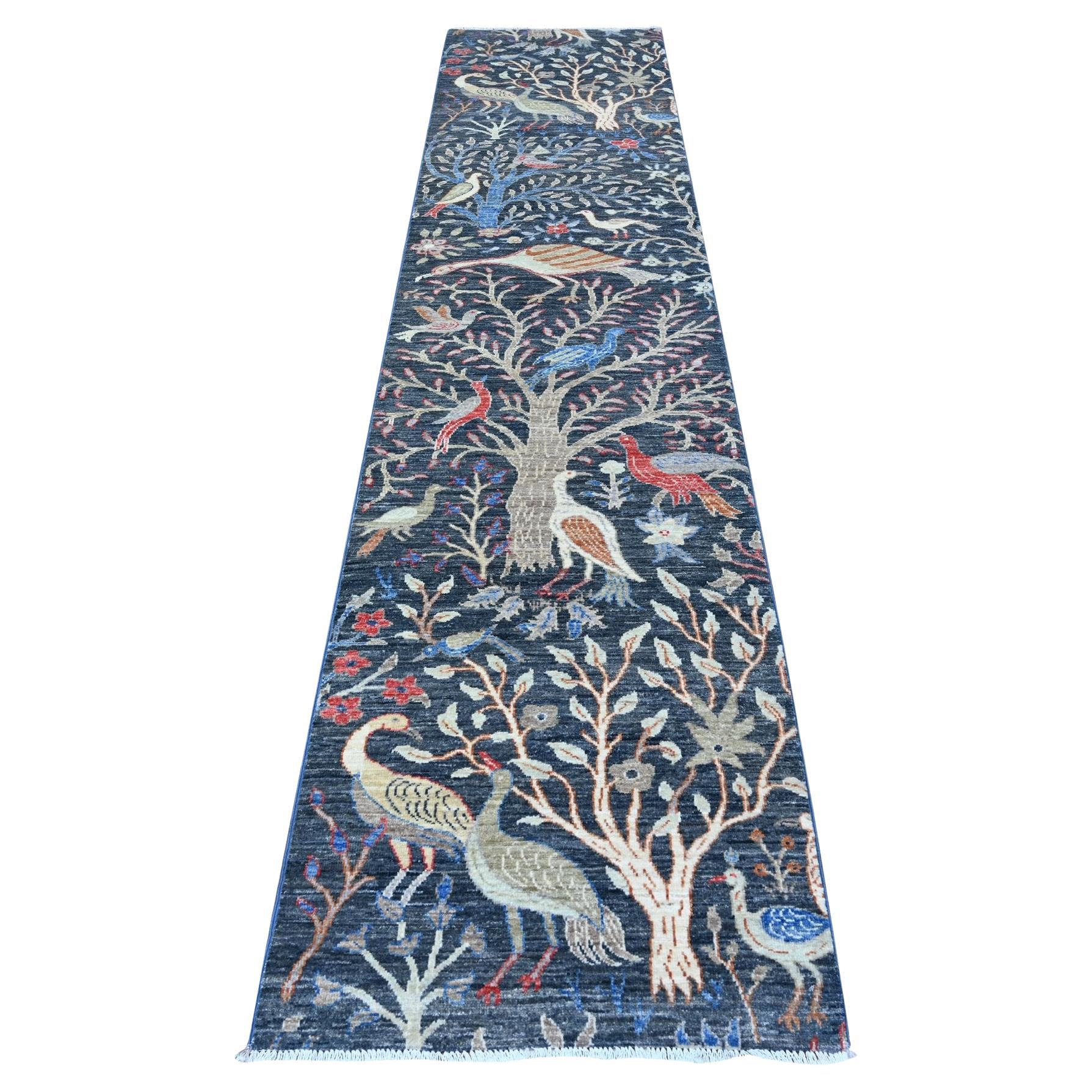 2'6"x11'7" Millennium Blue Pure Wool Afghan Peshawar Hand Knotted Runner Rug For Sale