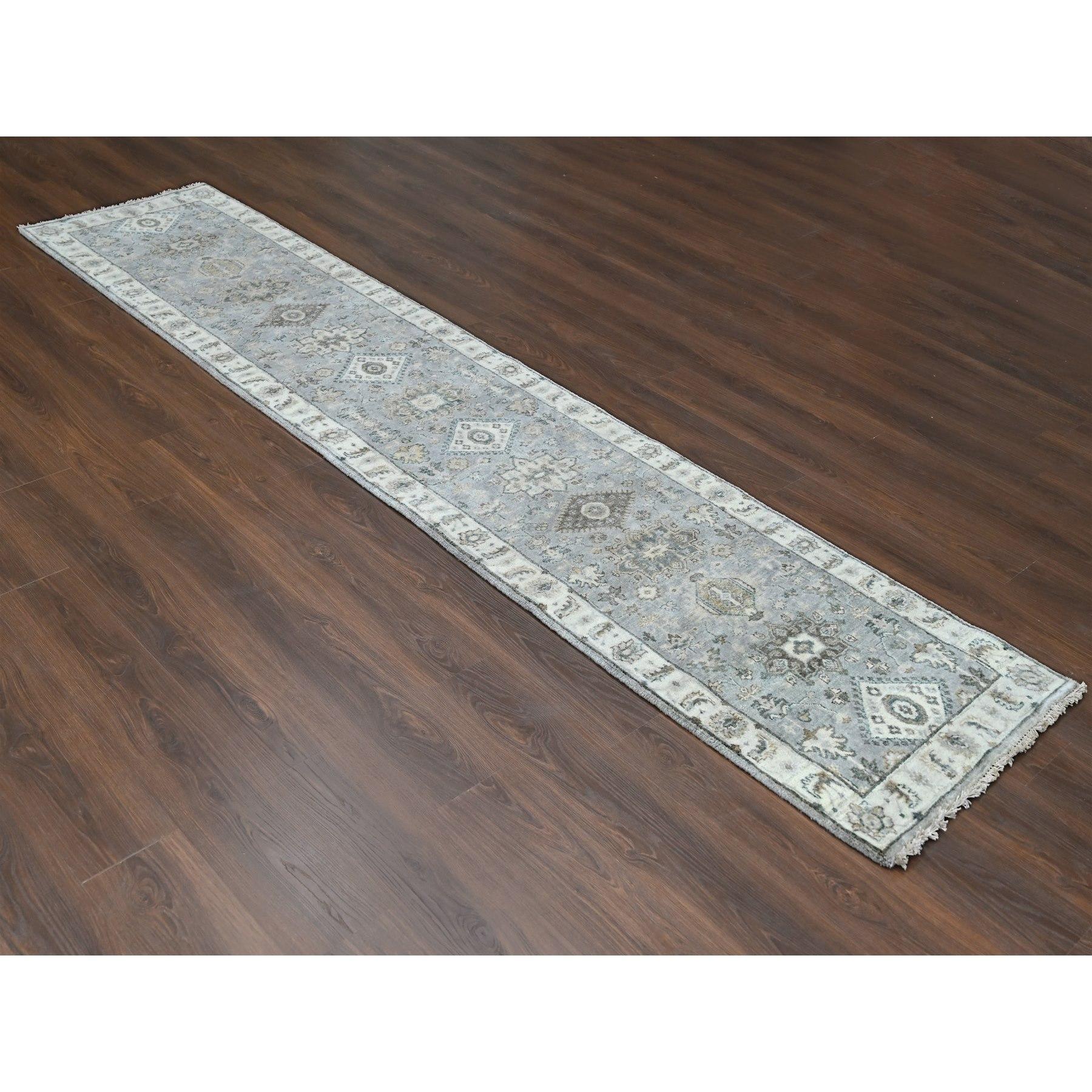 Mist Gray, Karajeh and Geometric Design, Pure Wool, Hand Knotted, Oriental, Runner Rug
Primary materials: Wool
Latex: No Pile 
height: 0.25 Inches
Style: Traditional
Primary color: Grey
Secondary colors: Golden Yellow, Blueish Gray, Cream Color,