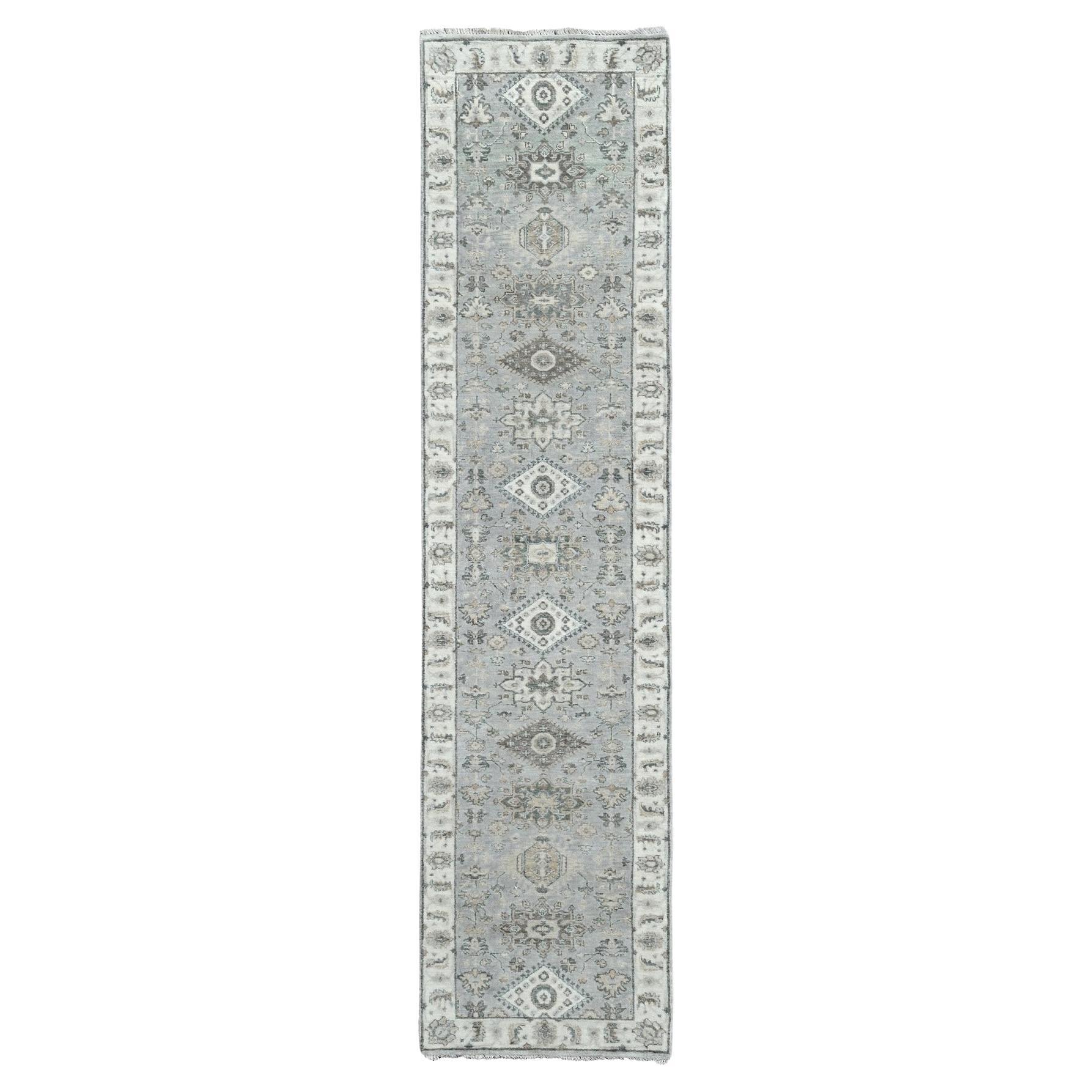 2'6"x11'8" Gray Karajeh and Geometric Design Pure Wool Hand Knotted Runner Rug
