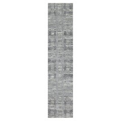 2'6"x11'8" Gray, Undyed Natural Wool, Hand Knotted, Modern Design, Runner Rug