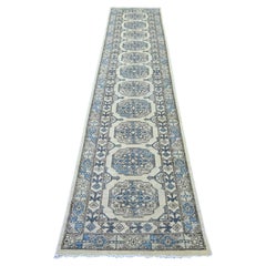 2'6"x11'8" Ivory Hand Knotted Afghan Ersari Elephant Feet Design Wool Runner Rug