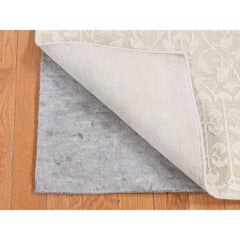 2'6"x11'8" Ivory, Hand Knotted, Tone on Tone, Pure Silk with Wool, Runner Rug