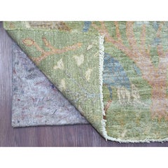 2'6"x11'9" Green Peshawar Birds of Paradise Design Hand Knotted Wool Runner Rug