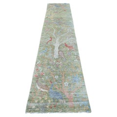 2'6"x11'9" Green Peshawar Birds of Paradise Design Hand Knotted Wool Runner Rug