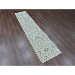 2'6"x11'9" Greenish Gray Karajeh Medallions Design Hand Knotted Wool Runner Rug