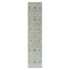 2'6"x11'9" Greenish Gray Karajeh Medallions Design Hand Knotted Wool Runner Rug