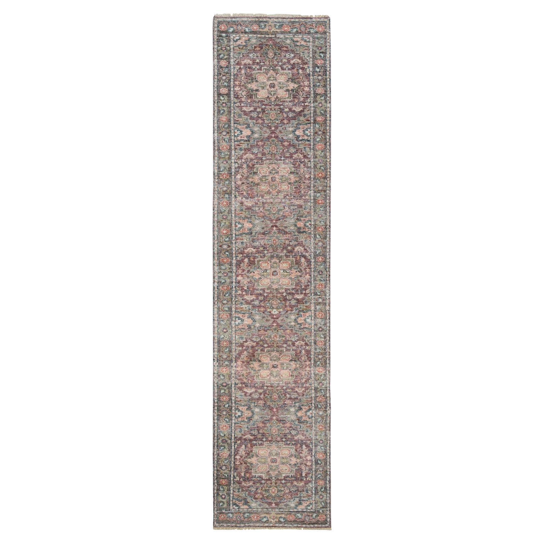 2'6"x11'9" Rosewood Red Heris Revival Soft Wool Hand Knotted Runner Rug For Sale