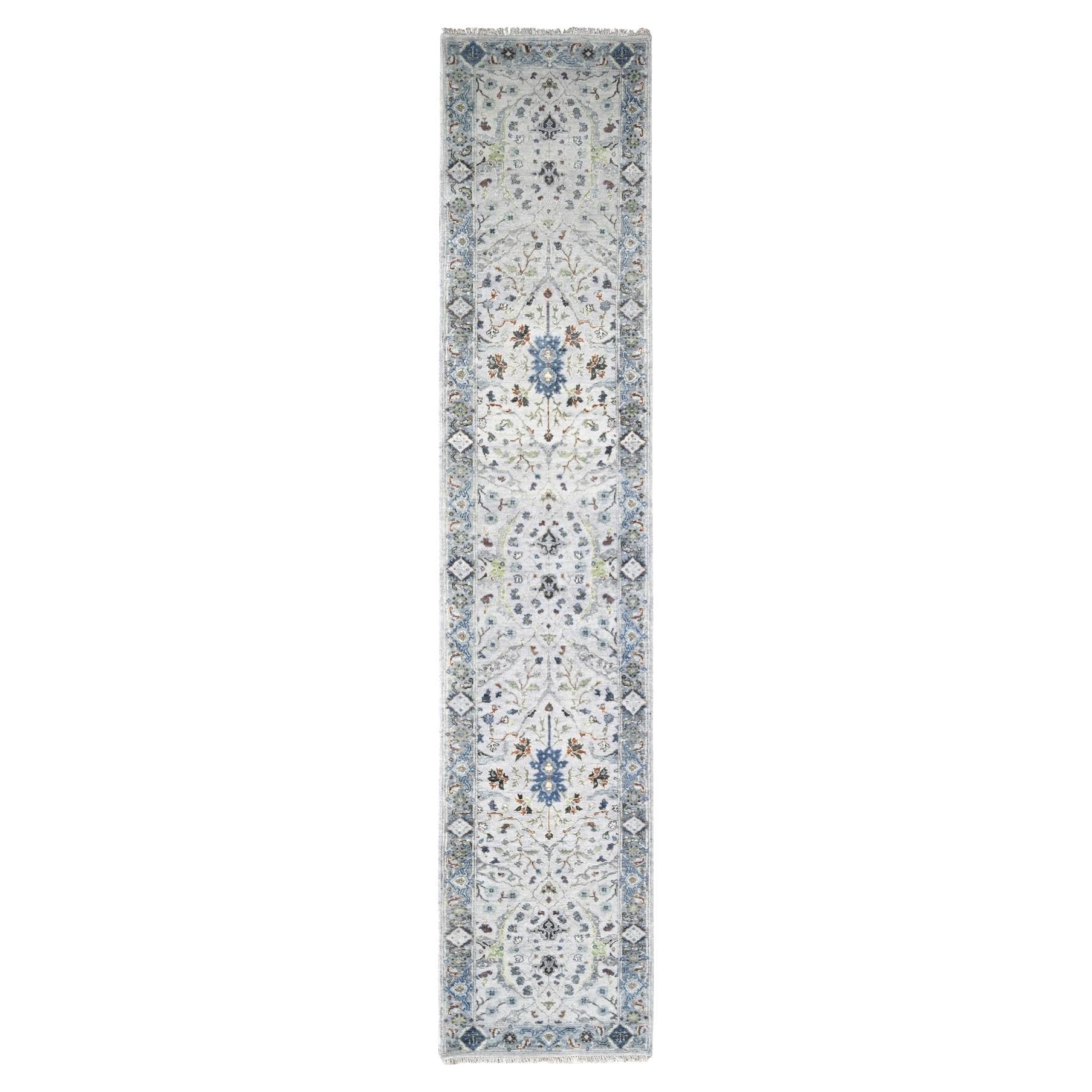 2'6 "x11'9" Blanco Oushak con Motivos Florales Alfombra de Lana Anudada a Mano en venta