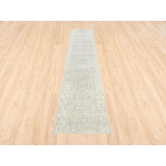2'6"x12' Beige Wool and Silk Hand Loomed Fine Jacquard Runner Rug