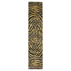 2'6"x12' Black wih Gold Tiger Skin Design Textured Wool Hand Knotted Runner Rug