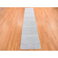 2'6"x12' Blue, Grass Design, Hand Knotted, Wool and Silk, Modern Runner Rug