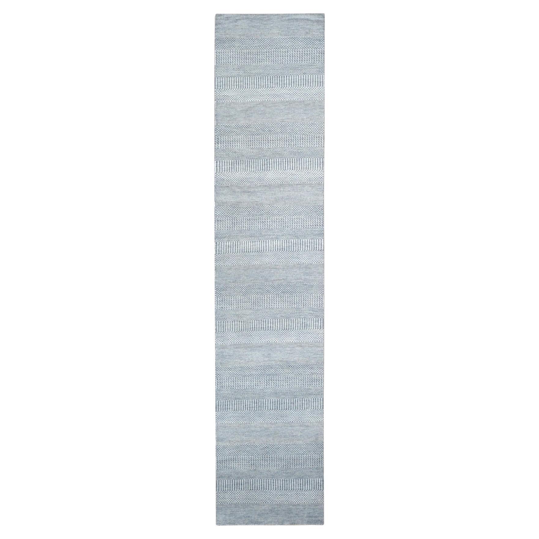 2'6 "x12' Azul, Diseño Hierba, Anudada a Mano, Lana y Seda, Alfombra Corredera Moderna