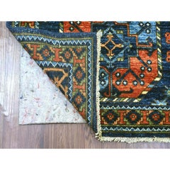 2'6"x12' Blue Hand Knotted Afghan Ersari Elephant Feet Design Wool Runner Rug