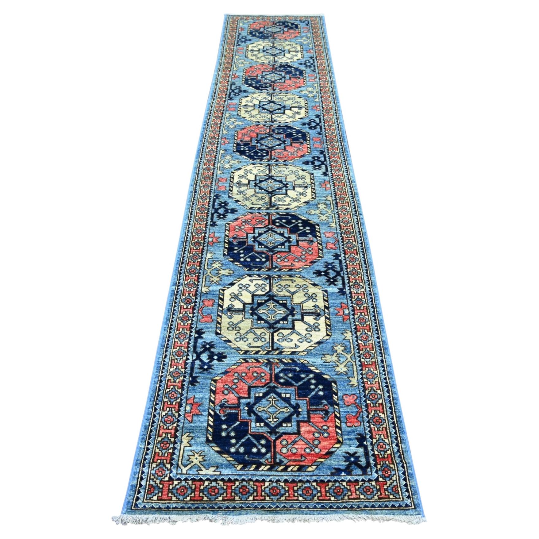 2'6"x12' Blue Hand Knotted Afghan Ersari Elephant Feet Design Wool Runner Rug