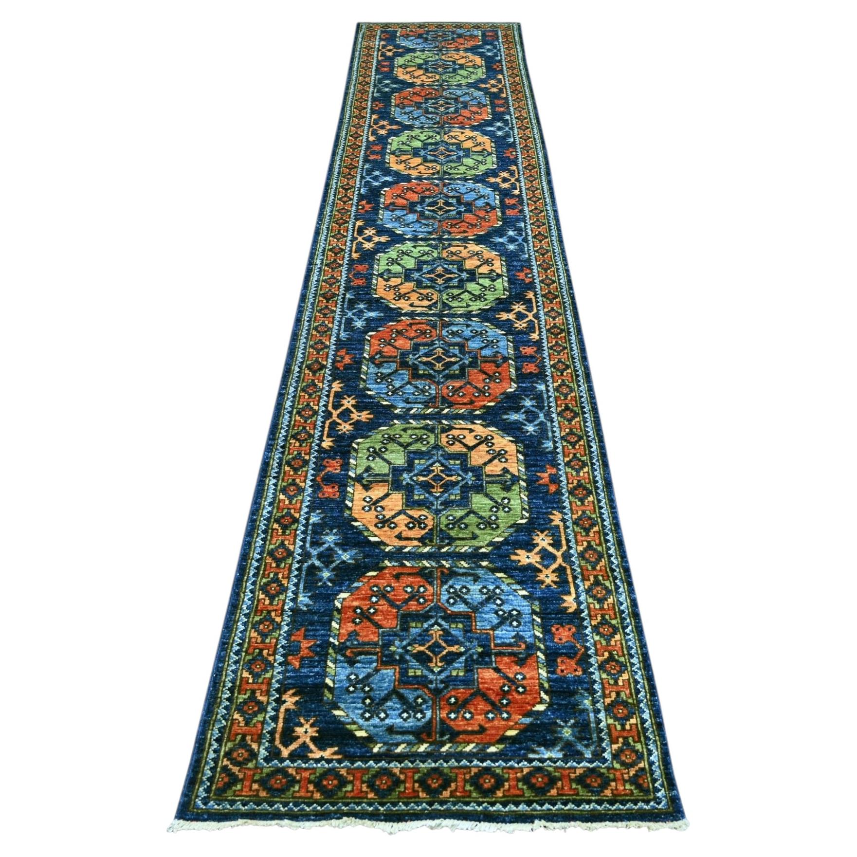 2'6"x12' Blue Hand Knotted Afghan Ersari Elephant Feet Design Wool Runner Rug