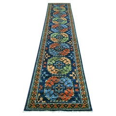 2'6"x12' Blue Hand Knotted Afghan Ersari Elephant Feet Design Wool Runner Rug