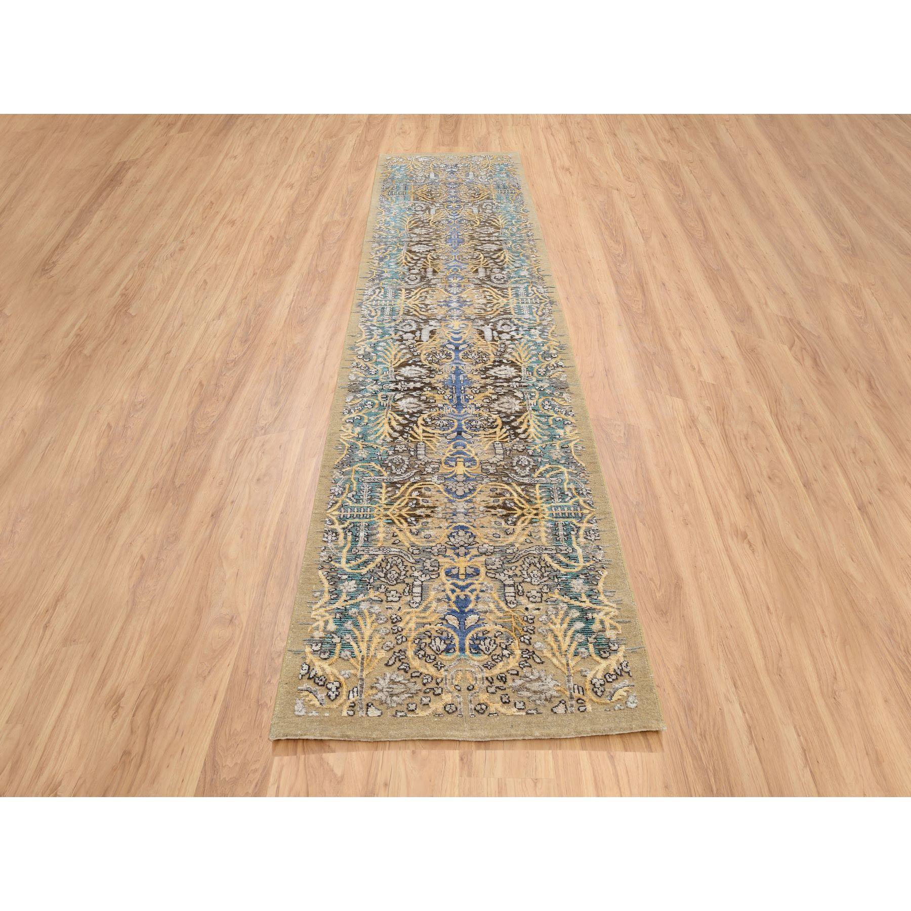 This is a truly genuine one-of-a-kind Gold Brown, Transitional Sarouk, Silk With Textured Wool Hand Knotted, Runner Oriental Rug. It has been Knotted for months and months in the centuries-old weaving craftsmanship techniques by expert
