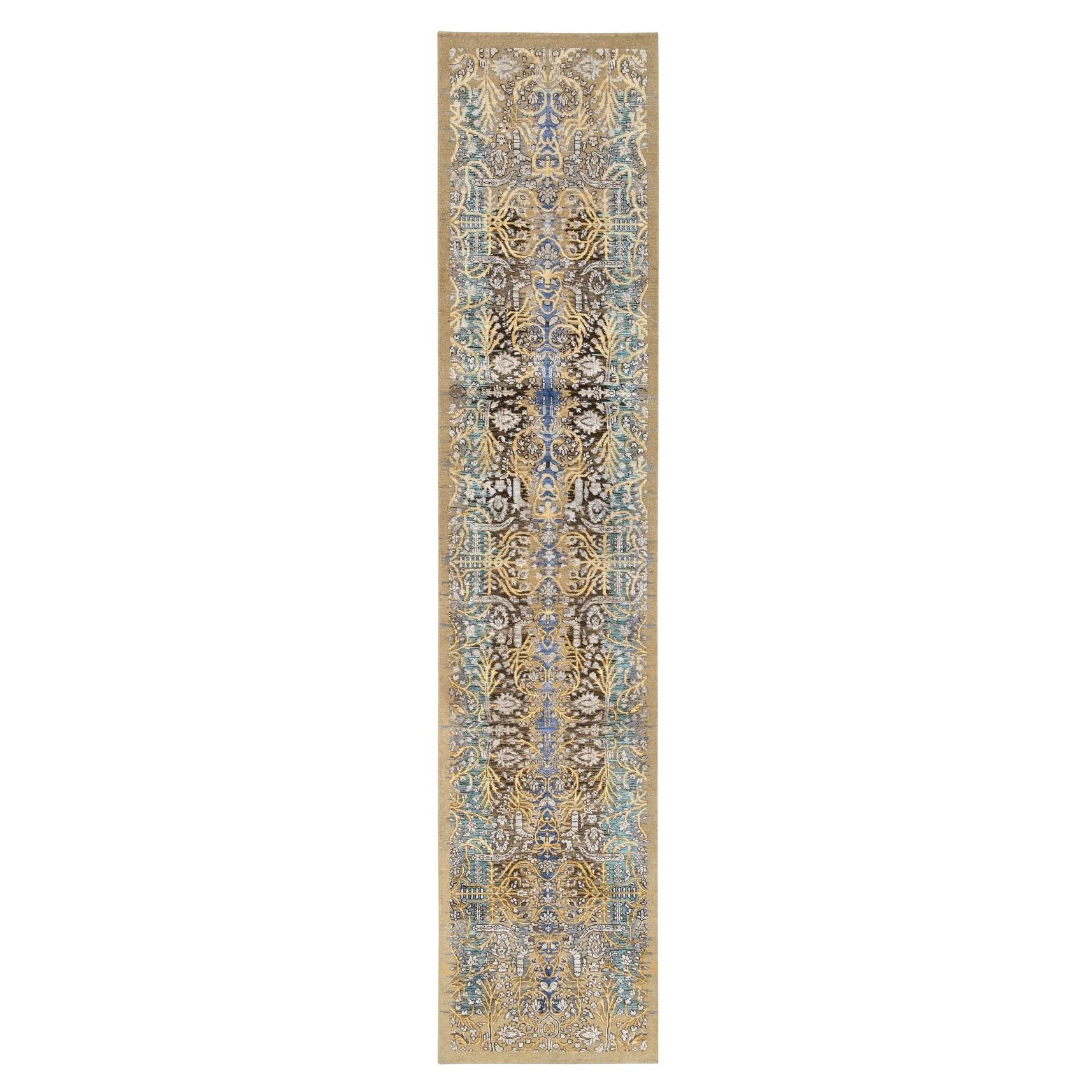 2
6"x12
 Gold Brown Transitional Sarouk Silk with Wool Hand Knotted Runner Rug en venta