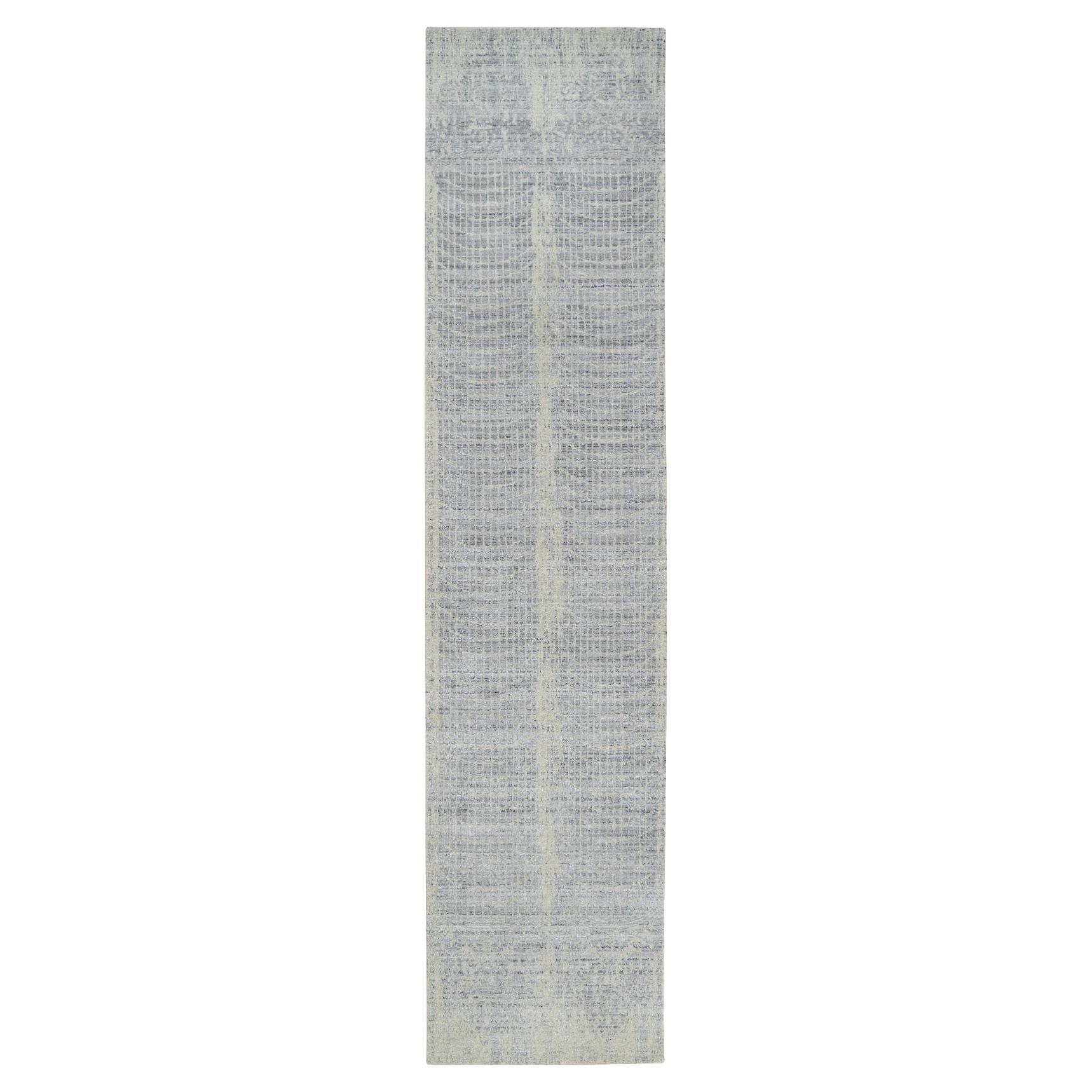 Tappeto jacquard grigio 2'6 "x12' in lana e seta vegetale lavorato a mano