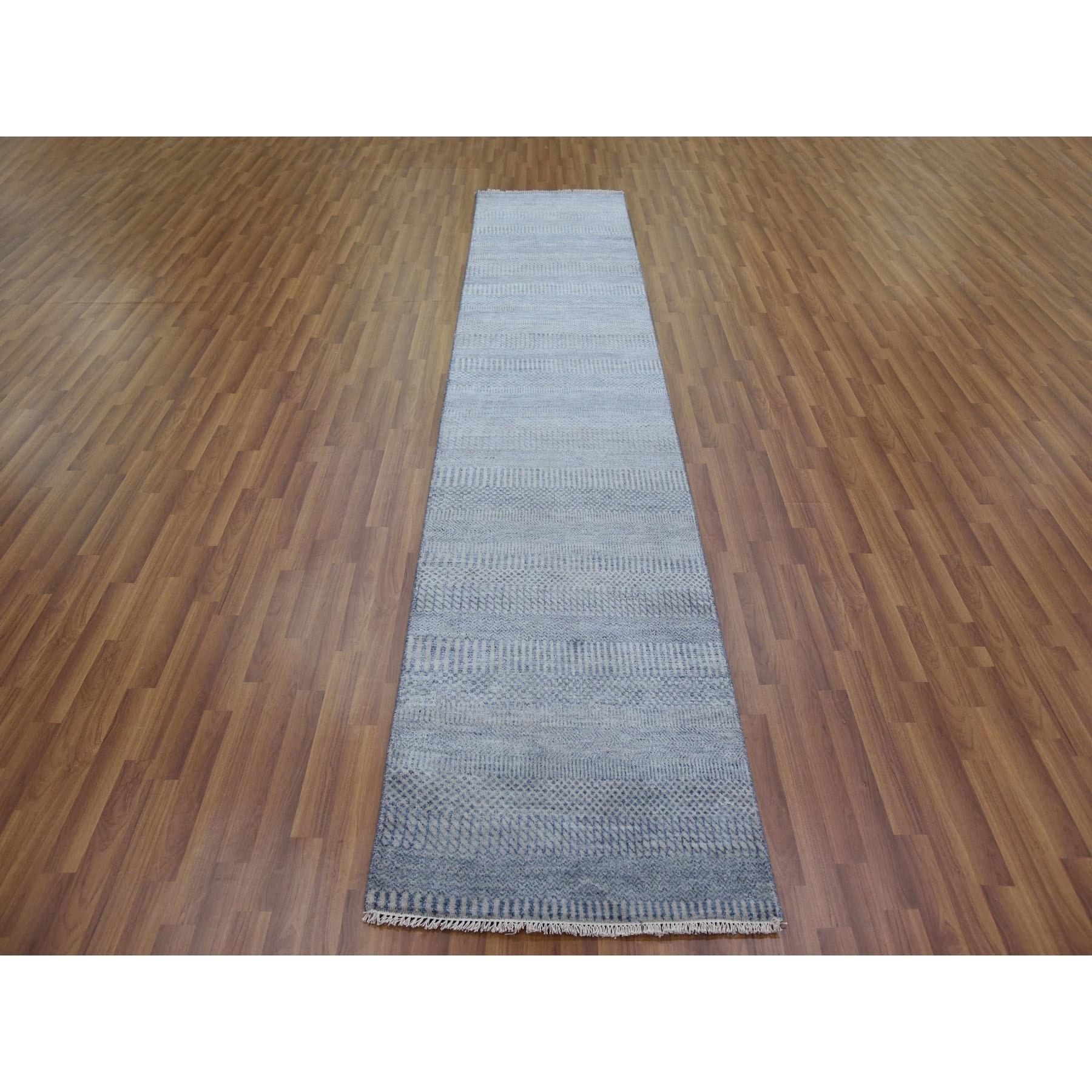 This is a truly genuine one-of-a-kind Gray, Modern Grass Design Gabbeh, Densely Woven Wool and Silk Hand Knotted, Runner Oriental Rug. It has been Knotted for months and months in the centuries-old weaving craftsmanship techniques by expert