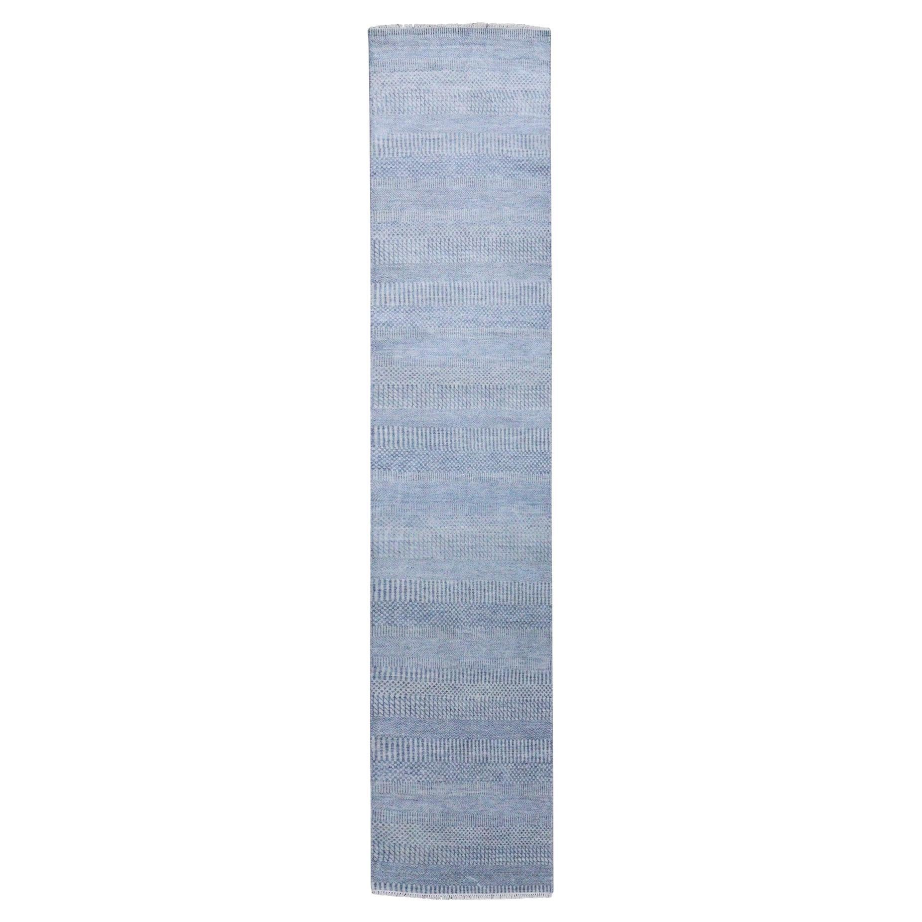 2'6"x12' Gray Modern Grass Design Gabbeh Wool and Silk Hand Knotted Runner Rug