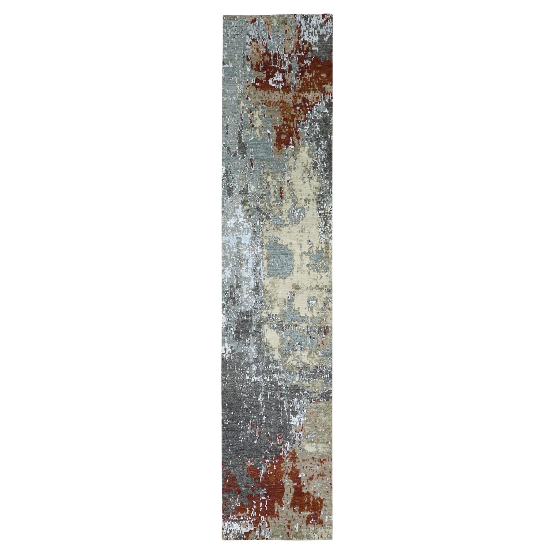 2'6"x12' Gray-Rust Hand Knotted Abstract Design Hand Knotted Wool Runner Rug