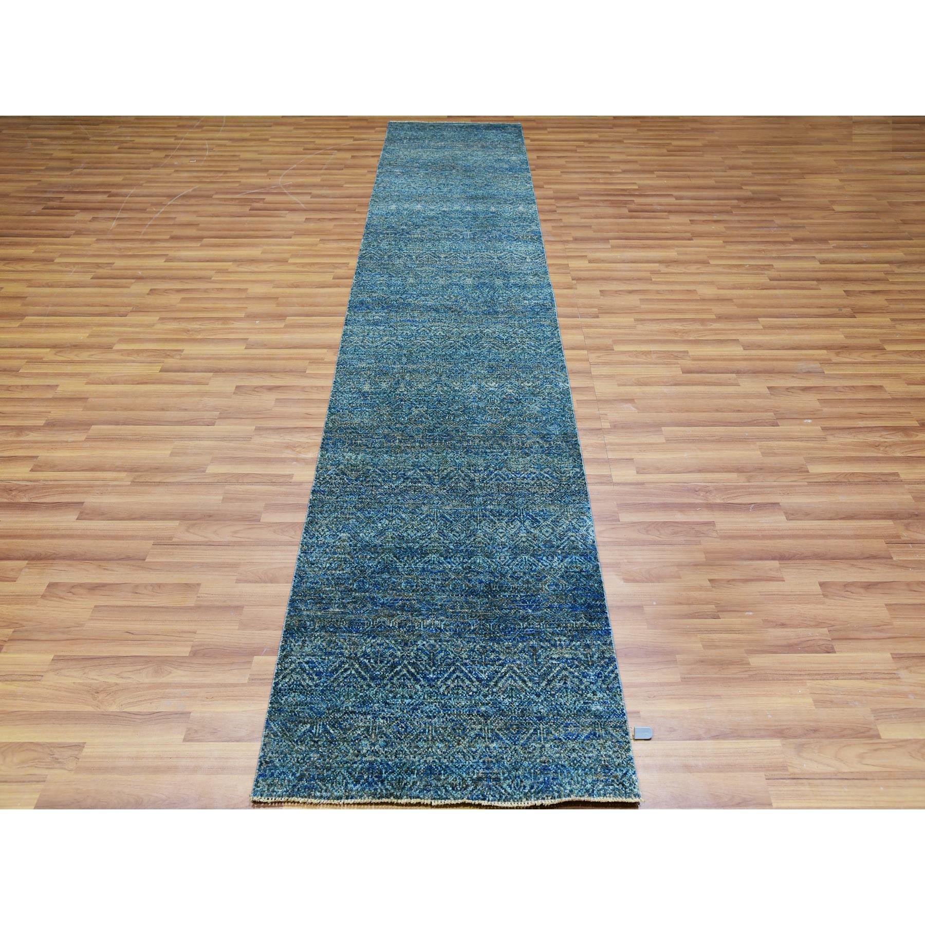 Forest Green, 100% Plush Wool, Tone on Tone, Hand Knotted, Kohinoor Herat Small Geometric Repetitive Design, Runner Oriental Rug
Primary materials: Wool
Latex: No Pile 
height: 0.25 Inches
Style: Transitional
Primary color: Green
Secondary colors: