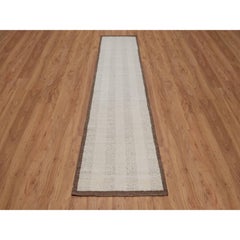 2'6"x12' Ivory Hand Knotted Modern Vertical Stripes Design Pure Wool Runner Rug