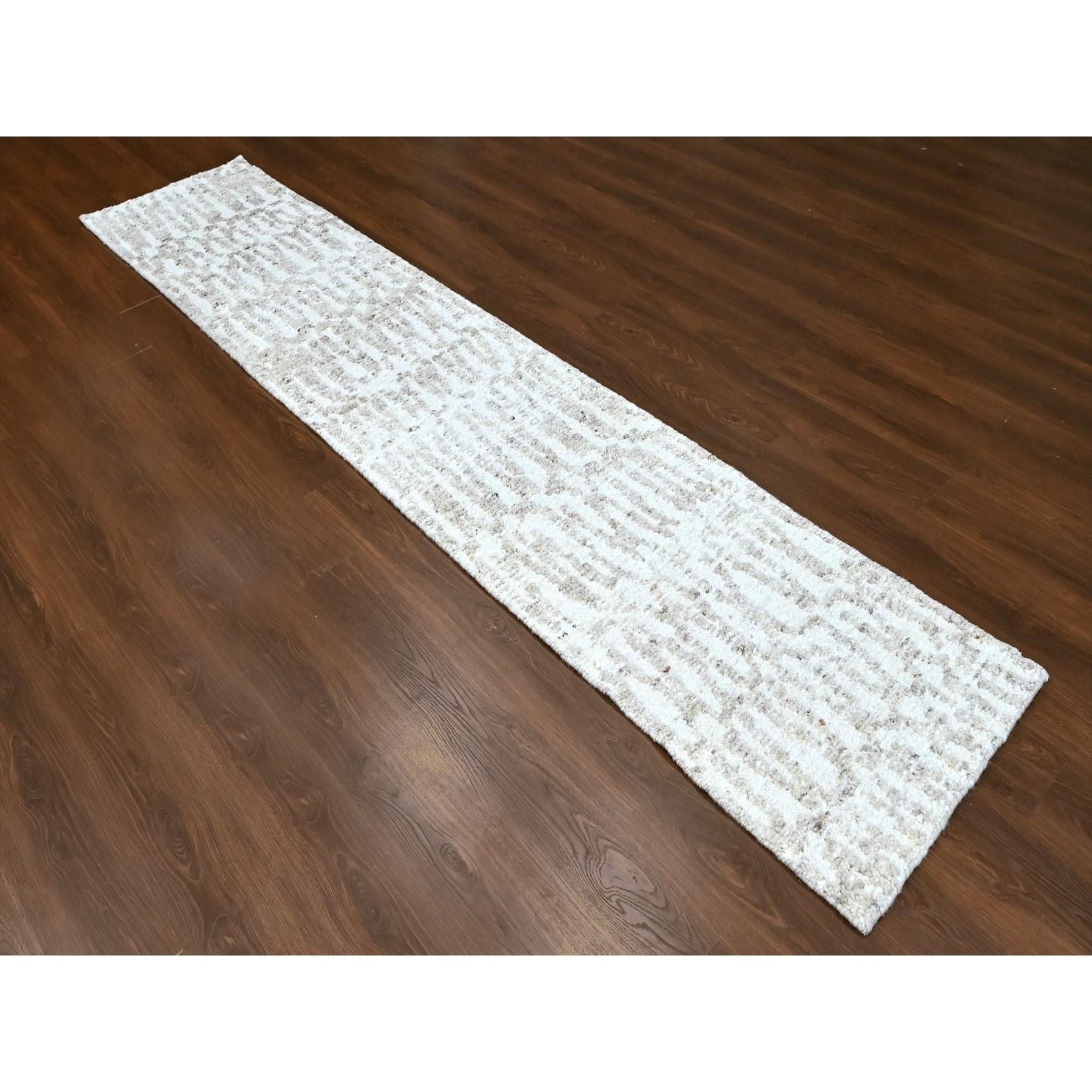 Bone White, Minimalist Swedish Design, Hand Knotted, Pure Wool, Runner, Oriental Rug
Primary materials: Wool
Latex: No Pile 
height: 0.25 Inches
Style: Contemporary
Primary color: Ivory
Secondary colors: Beige, Brown
Pattern: Oriental