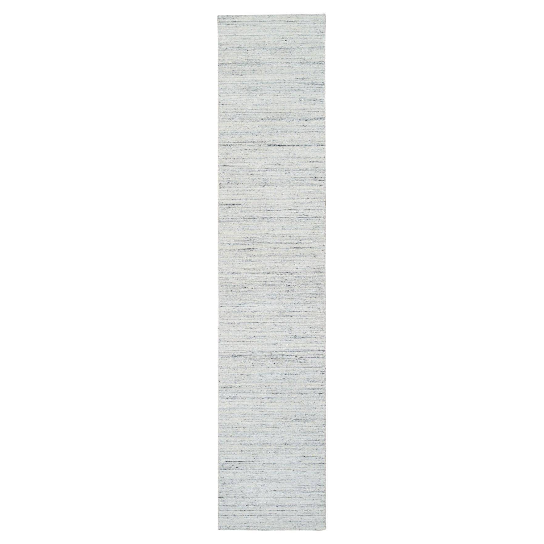 2
6"x12
 Ivory, Plain Modern Striae Design Organic Wool Hand Loomed Runner Rug For Sale