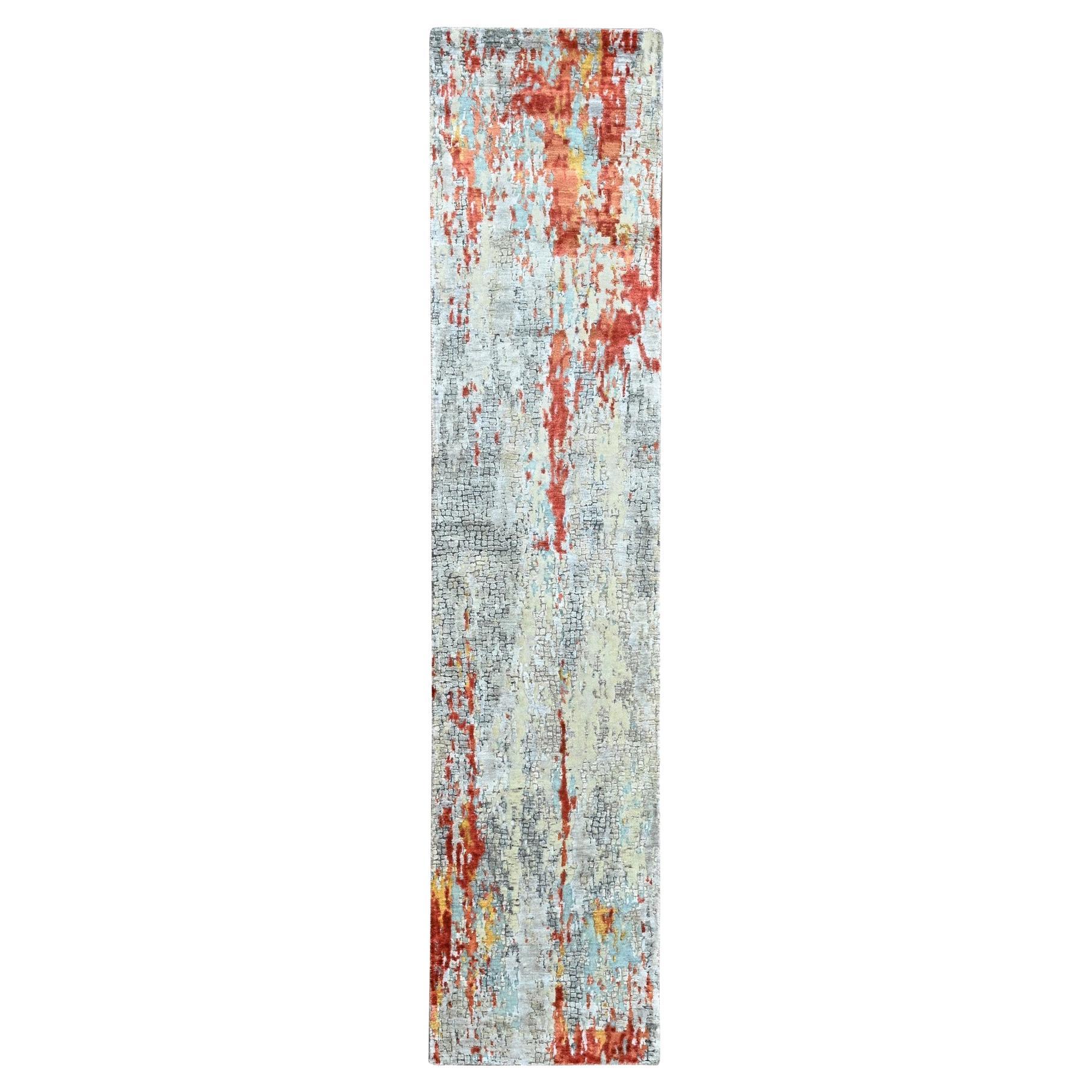 2'6"x12' Orange Abstract Design Wool & Silk Hand Knotted Runner Oriental Rug