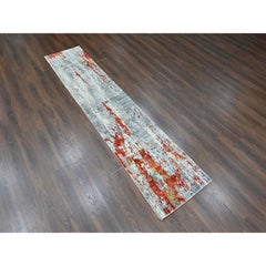 2'6"x12' Orange with Gray Abstract Design Wool & Silk Hand Knotted Runner Rug