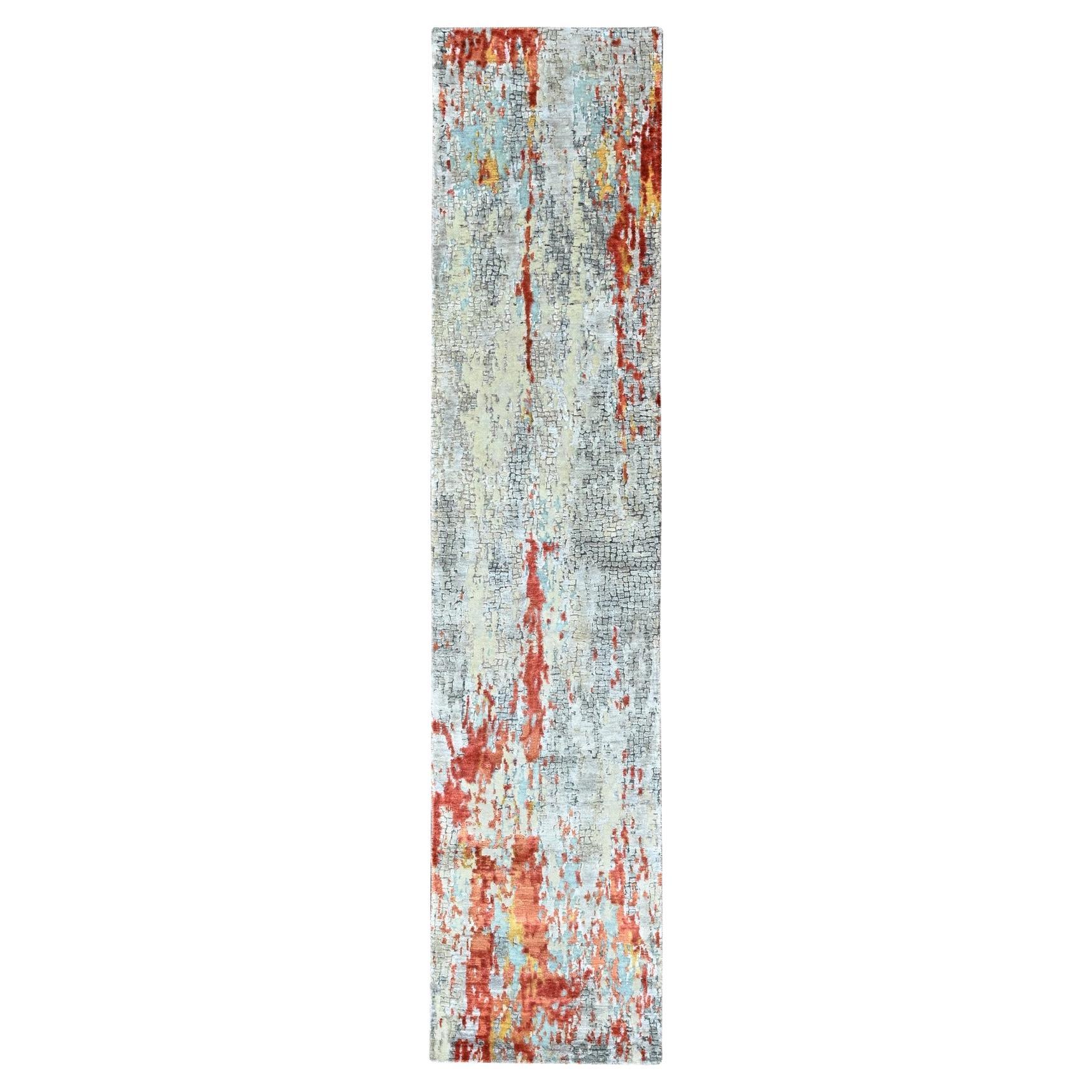 2'6"x12' Orange with Gray Abstract Design Wool & Silk Hand Knotted Runner Rug For Sale