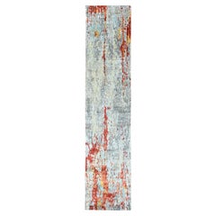 2'6"x12' Orange with Gray Abstract Design Wool & Silk Hand Knotted Runner Rug