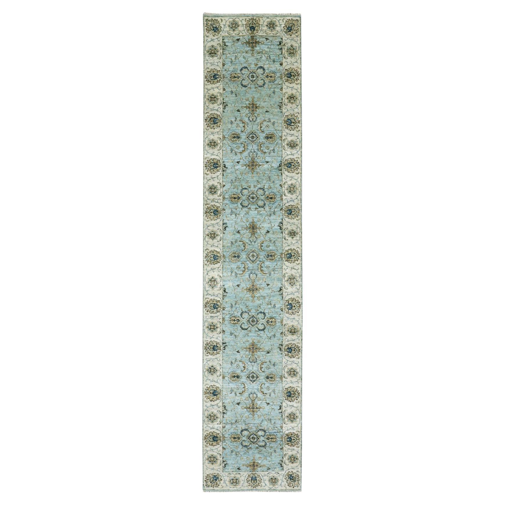 2'6"x12' Periwinkle Blue Wool Shah Abbas Design Hand Knotted Floral Runner Rug For Sale