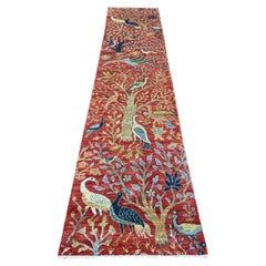 2'6"x12' Red Hand Knotted Peshawar Birds of Paradise Design Wool Runner Rug